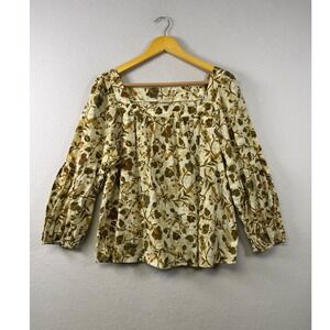 a.n.a Floral Square Neck Blouse Women Large Cream Mustard Boho Tiered Sleeve